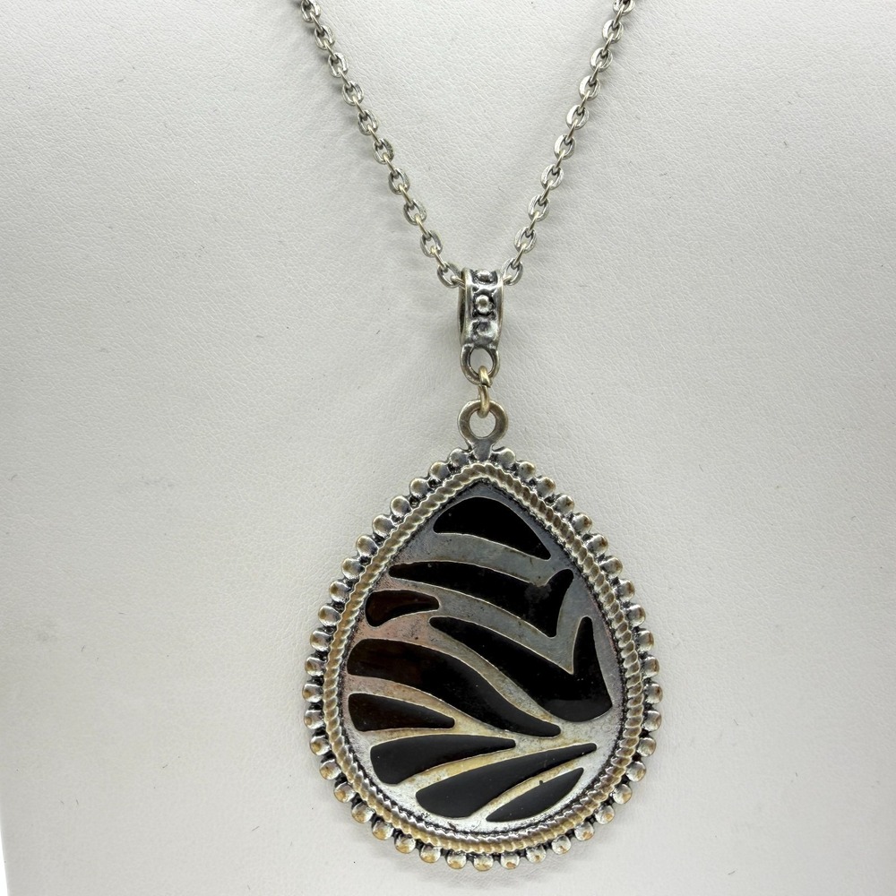 Boho Silver Teardrop Necklace with Black Zebra Pattern Pendant Gift